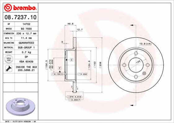 Тормозной диск передний невентилируемый Brembo 08.7237.10