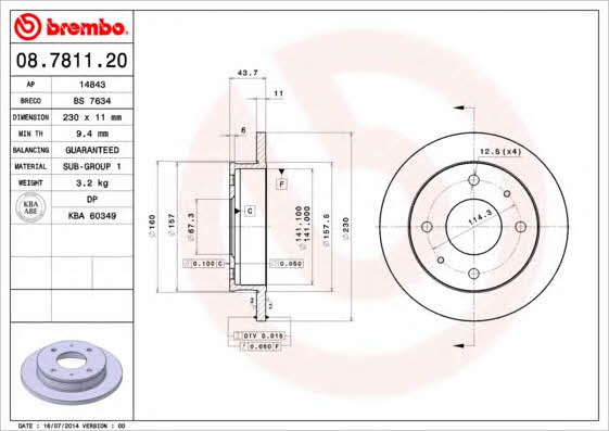 Тормозной диск передний невентилируемый Brembo 08.7811.20