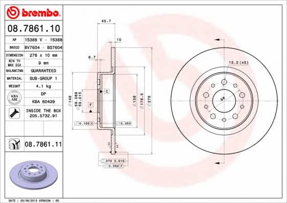 Тормозной диск задний невентилируемый Brembo 08.7861.11