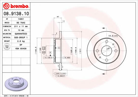 Тормозной диск передний невентилируемый Brembo 08.9138.10