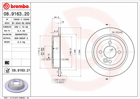 Тормозной диск задний невентилируемый Brembo 08.9163.21
