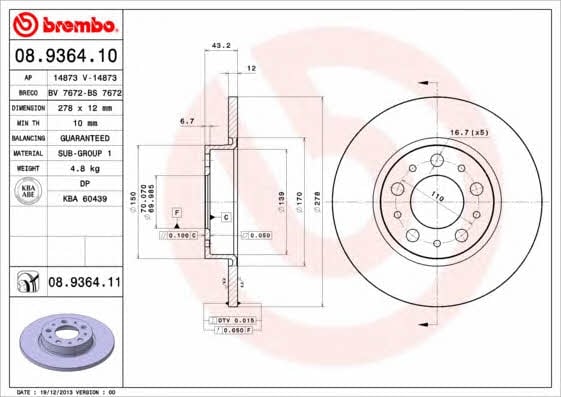 Тормозной диск задний невентилируемый Brembo 08.9364.11