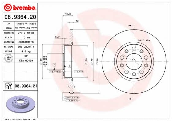 Тормозной диск задний невентилируемый Brembo 08.9364.21