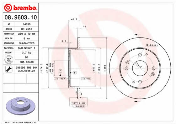 Тормозной диск задний невентилируемый Brembo 08.9603.10