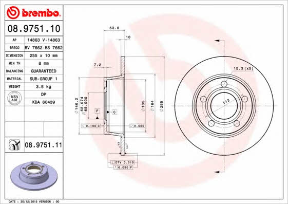 Тормозной диск задний невентилируемый Brembo 08.9751.11