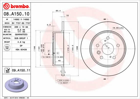 Тормозной диск задний невентилируемый Brembo 08.A150.11