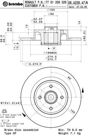 Тормозной диск задний невентилируемый Brembo 08.A238.47