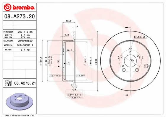Тормозной диск задний невентилируемый Brembo 08.A273.21