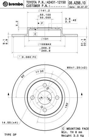 Тормозной диск задний невентилируемый Brembo 08.A298.10