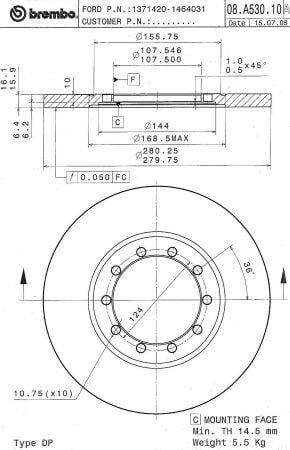 Тормозной диск задний невентилируемый Brembo 08.A530.10