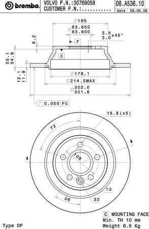 Тормозной диск задний невентилируемый Brembo 08.A536.11