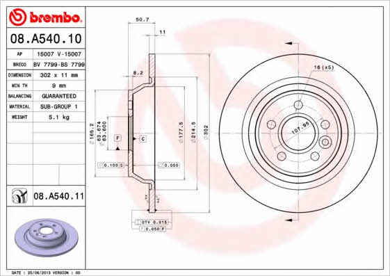 Диск гальмівний задній невентильований Brembo 08.A540.10