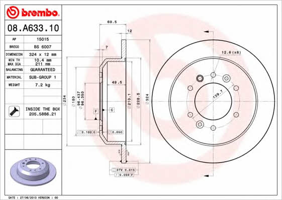 Тормозной диск задний невентилируемый Brembo 08.A633.10