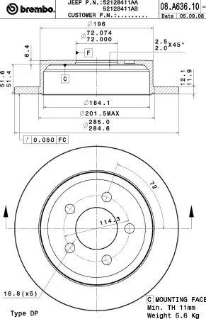 Тормозной диск задний невентилируемый Brembo 08.A636.10