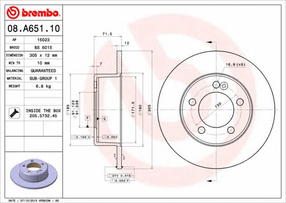 Тормозной диск задний невентилируемый Brembo 08.A651.10