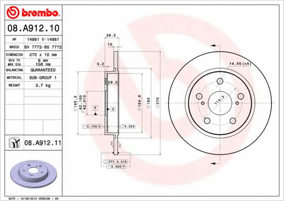 Тормозной диск задний невентилируемый Brembo 08.A912.11