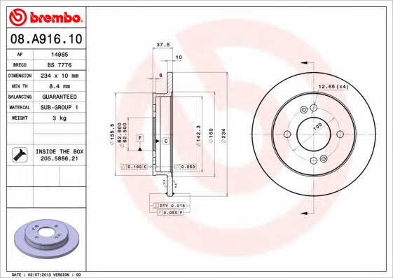 Тормозной диск задний невентилируемый Brembo 08.A916.10