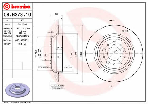 Тормозной диск задний невентилируемый Brembo 08.B273.10