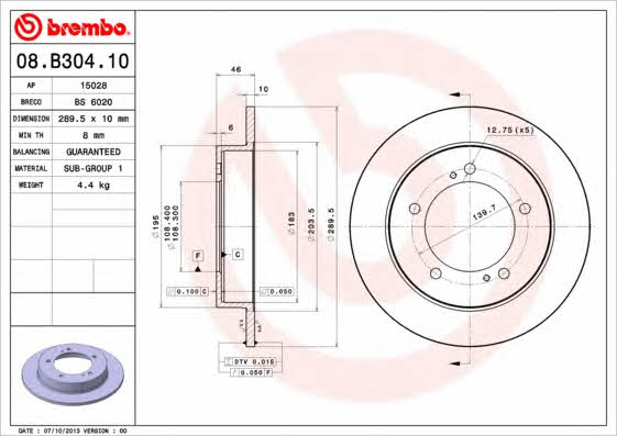 Тормозной диск передний невентилируемый Brembo 08.B304.10