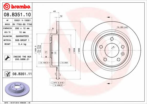 Тормозной диск задний невентилируемый Brembo 08.B351.11