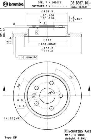 Тормозной диск задний невентилируемый Brembo 08.B357.10