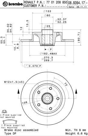 Тормозной диск задний невентилируемый Brembo 08.B394.17