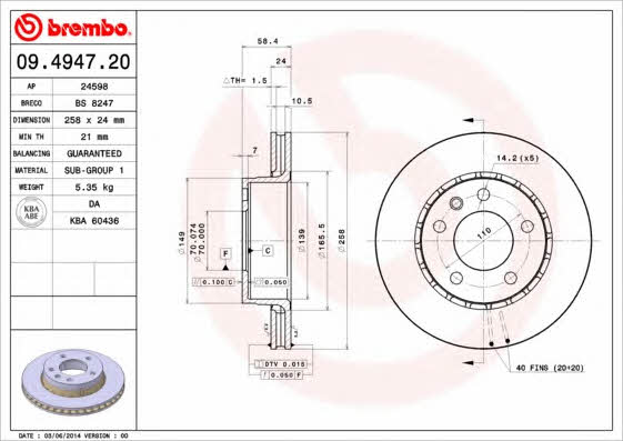 Тормозной диск вентилируемый, 1 шт. Brembo 09.4947.20