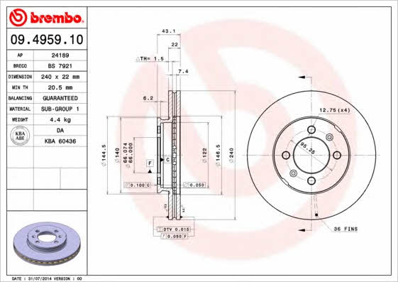 Тормозной диск передний вентилируемый Brembo 09.4959.10