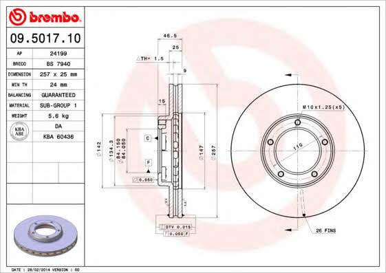 Тормозной диск вентилируемый, 1 шт. Brembo 09.5017.10