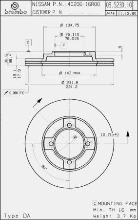 Диск гальмівний передній вентильований Brembo 09.5230.10