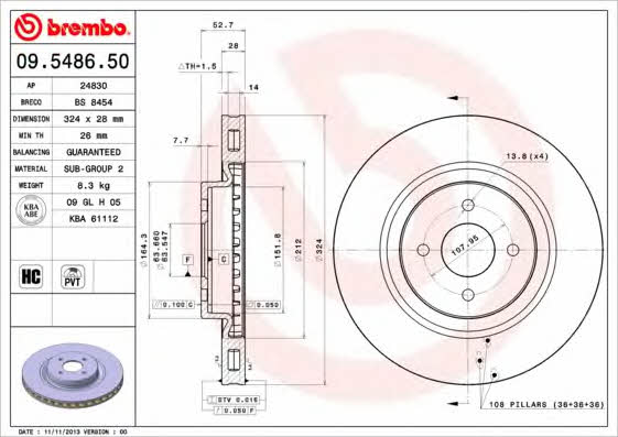 Тормозной диск вентилируемый, 1 шт. Brembo 09.5486.50