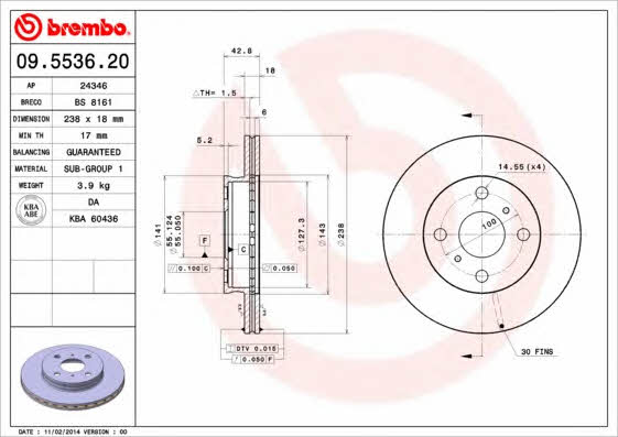 Тормозной диск вентилируемый, 1 шт. Brembo 09.5536.20