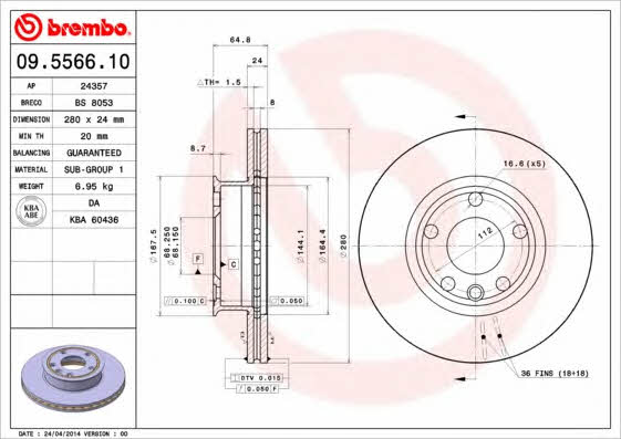 Тормозной диск вентилируемый, 1 шт. Brembo 09.5566.10