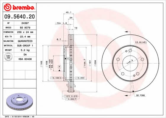 Тормозной диск вентилируемый, 1 шт. Brembo 09.5640.20