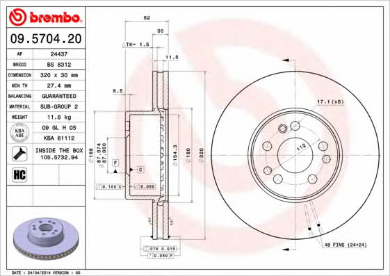 Тормозной диск вентилируемый, 1 шт. Brembo 09.5704.20