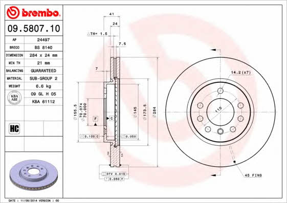 Тормозной диск передний вентилируемый Brembo 09.5807.10