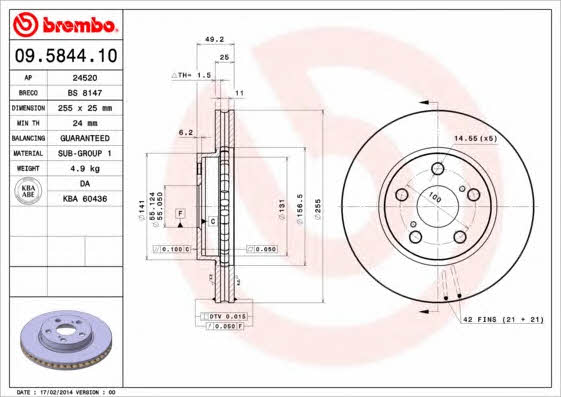 Тормозной диск передний вентилируемый Brembo 09.5844.10
