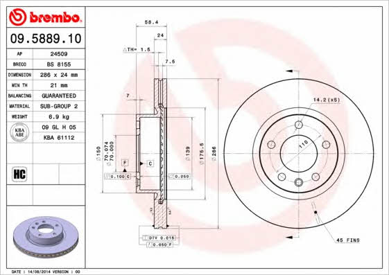 Тормозной диск вентилируемый, 1 шт. Brembo 09.5889.10