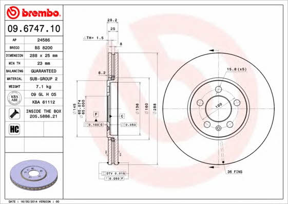 Тормозной диск вентилируемый, 1 шт. Brembo 09.6747.10