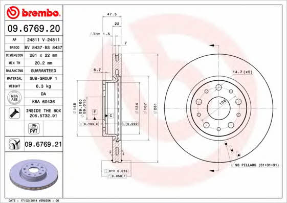 Тормозной диск задний вентилируемый Brembo 09.6769.21