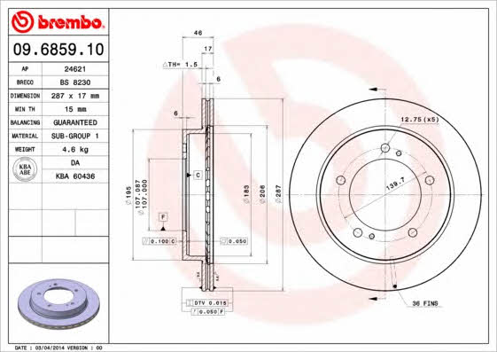 Тормозной диск вентилируемый, 1 шт. Brembo 09.6859.10