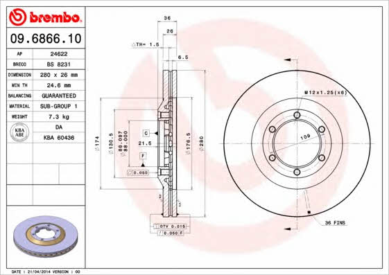 Тормозной диск вентилируемый, 1 шт. Brembo 09.6866.10