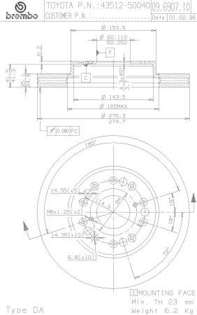 Тормозной диск вентилируемый, 1 шт. Brembo 09.6907.10