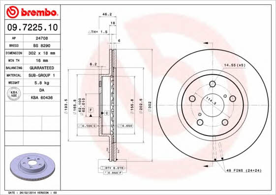 Тормозной диск передний вентилируемый Brembo 09.7225.10