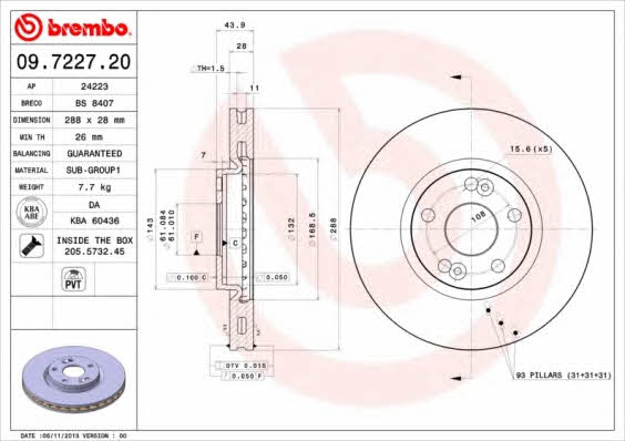 Тормозной диск вентилируемый, 1 шт. Brembo 09.7227.20