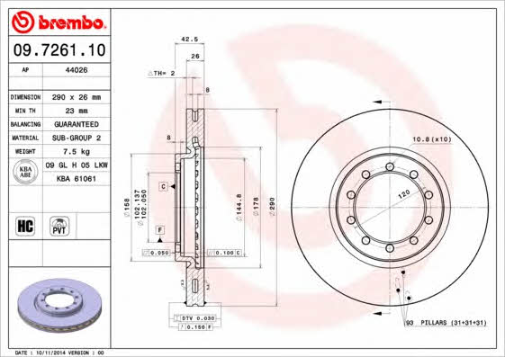 Тормозной диск вентилируемый, 1 шт. Brembo 09.7261.10