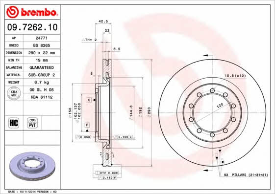 Тормозной диск передний вентилируемый Brembo 09.7262.10
