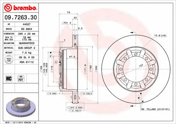 Тормозной диск задний вентилируемый Brembo 09.7263.30