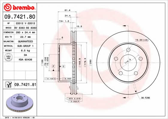 Тормозной диск вентилируемый, 1 шт. Brembo 09.7421.81