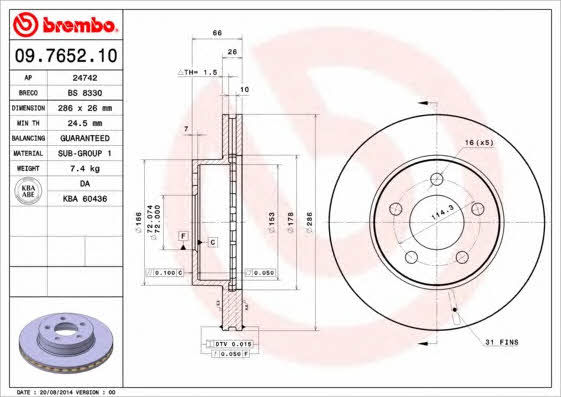 Тормозной диск вентилируемый, 1 шт. Brembo 09.7652.10